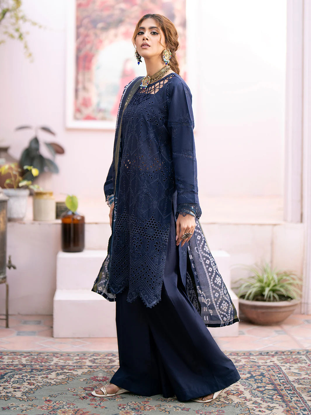 LINE LIGHT 3PC Chikankari Dhanak Embroidered With Digital Printed Wool Shawl-118